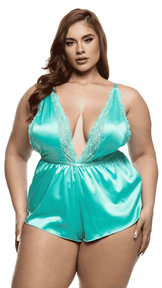 Front (plus size): Plus size floral scallop lace and stretch satin halter teddy in mint