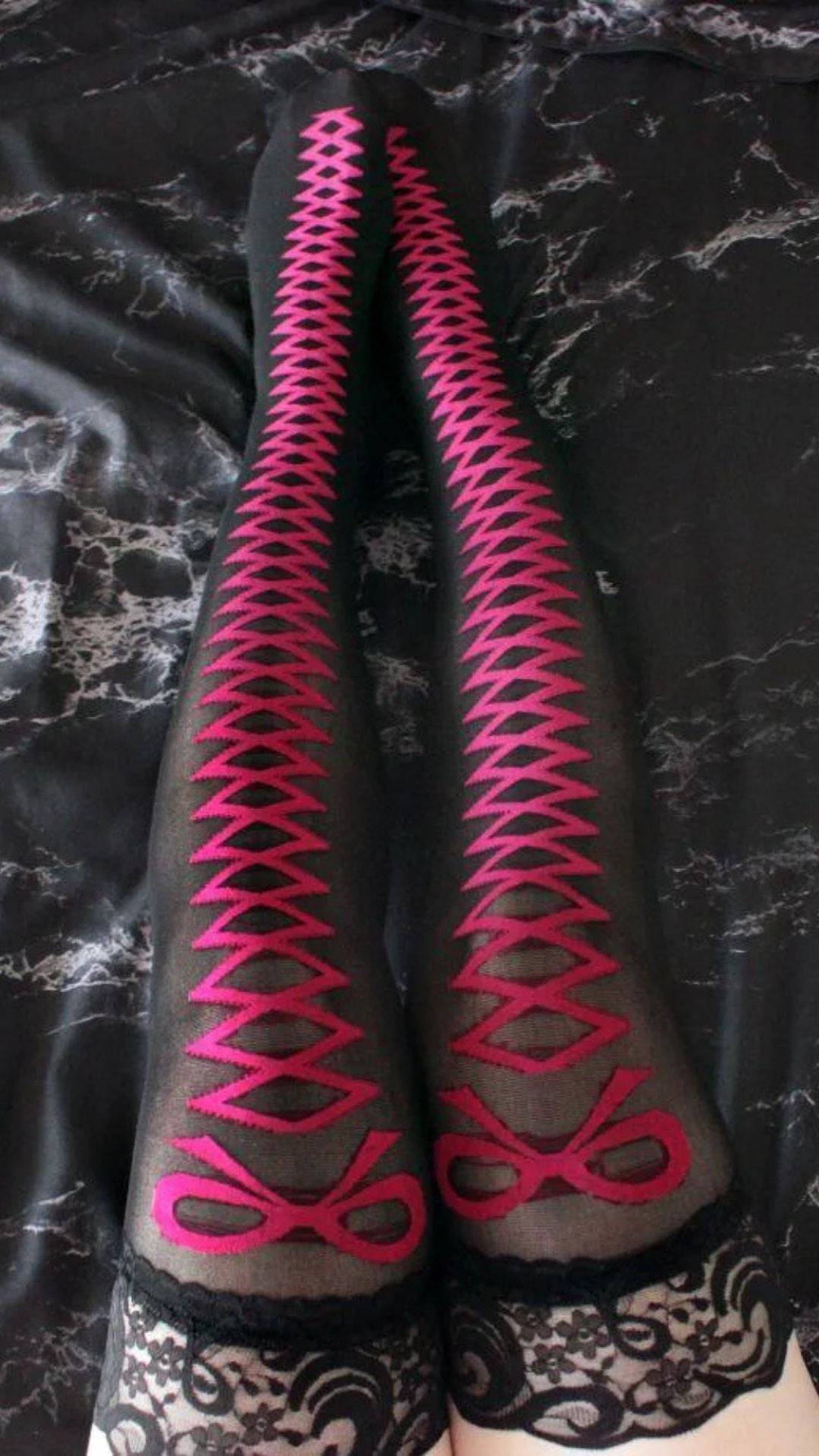 Naughty Kitten Clothing Goth Red Bowknot Stockings With Floral Lace Hem Front View Alternative Gothic Women's Fashion