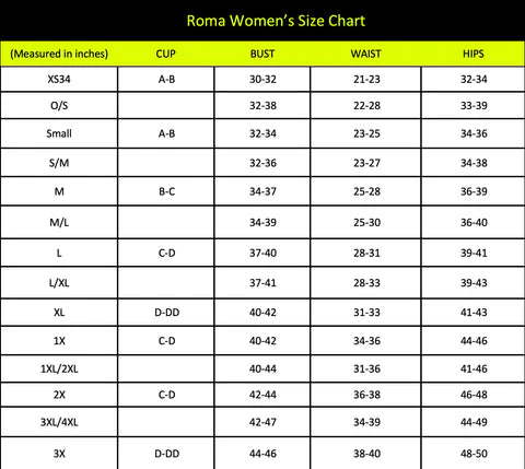 Naughty Kitten Clothing Roma Women's Size Chart
