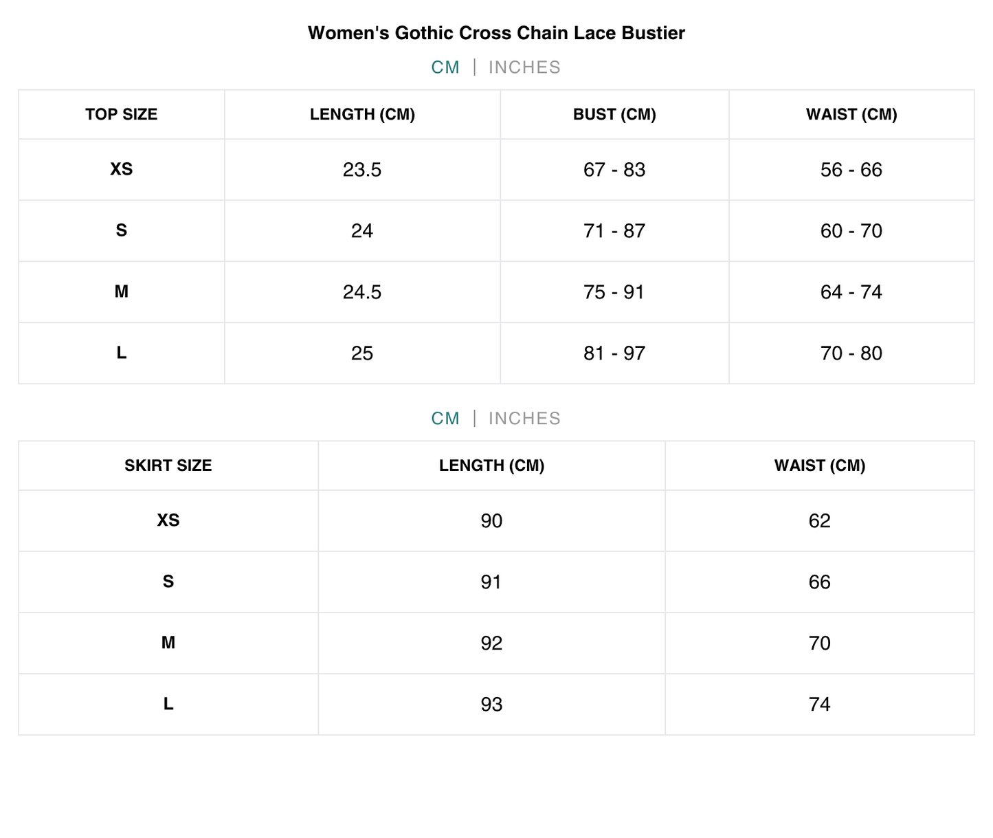 Naughty Kitten Clothing Women's Gothic Cross Chain Lace Bustier Front View Alternative Gothic Women's Fashion Size Chart