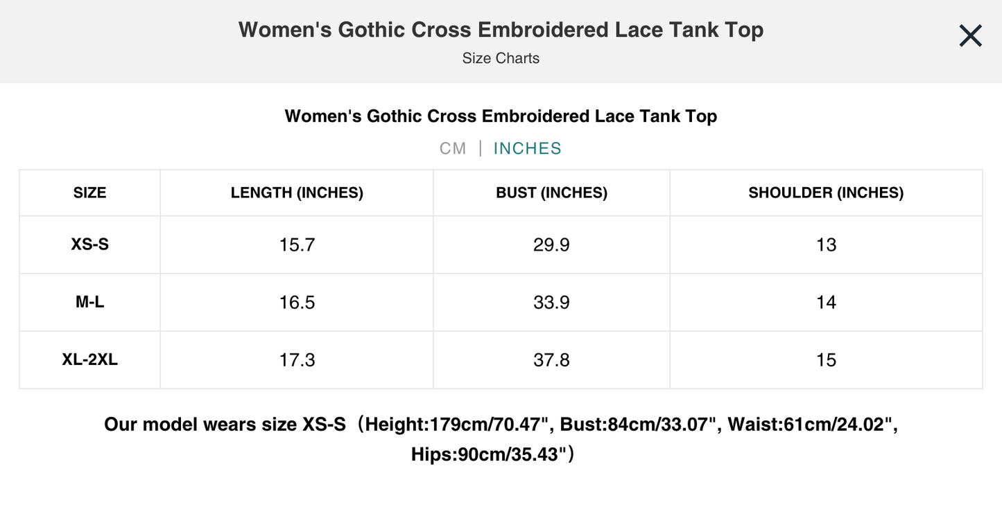 Naughty Kitten Clothing Gothic Cross Embroidered Lace Tank Top Alternative Gothic Women's Fashion Size Chart Centimetres