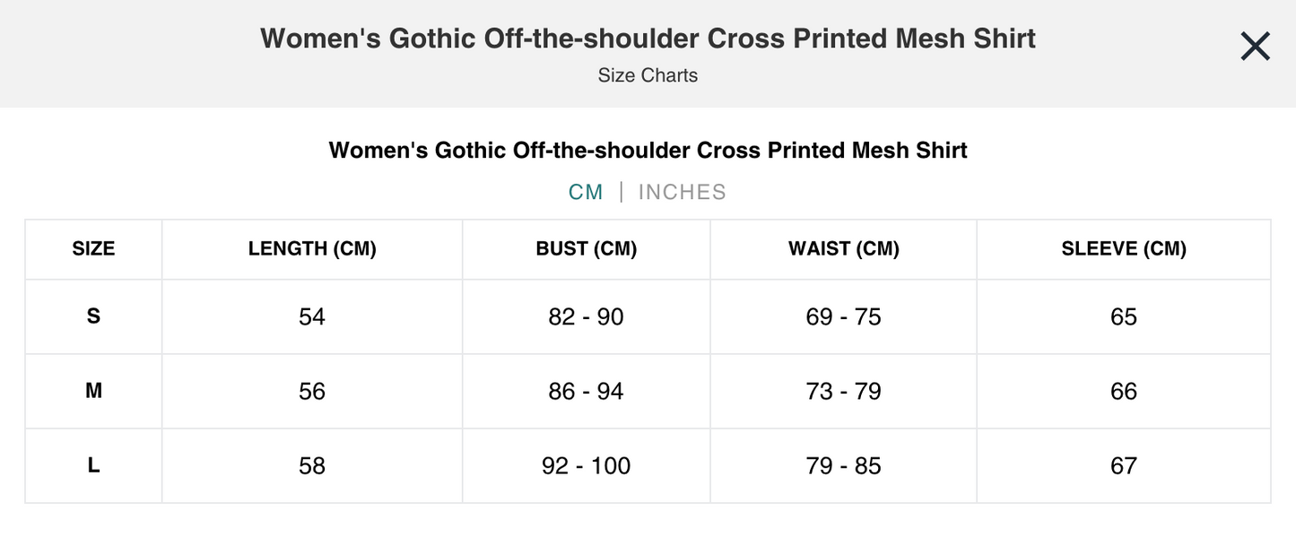 Naughty Kitten Clothing Women's Gothic Off-the-shoulder Cross Printed Mesh Shirt Front View Alternative Gothic Wear Size chart Centimetres