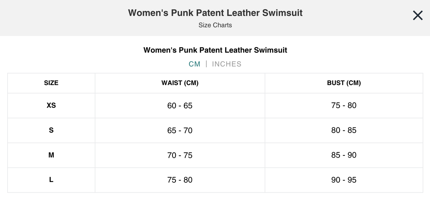 Naughty Kitten Clothing Punk Patent Leather Swimsuit Front View Sexy Alternative Gothic Women's fashion Size Chart Centimetres