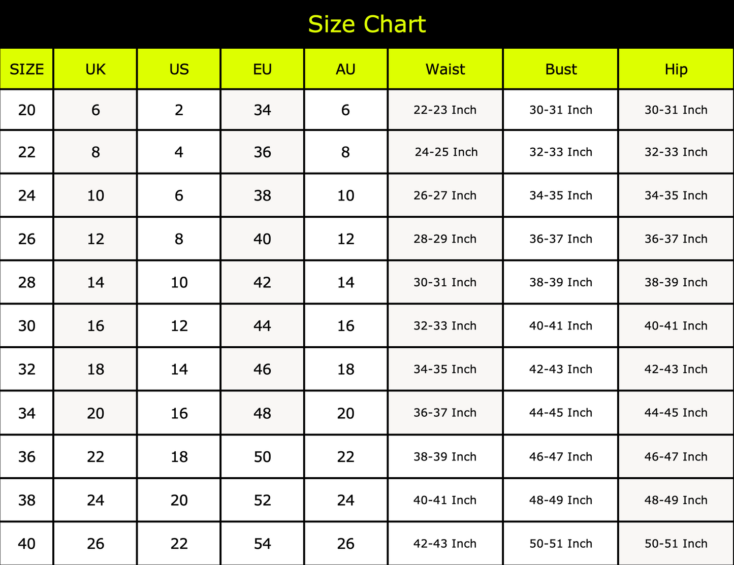 Naughty Kitten Womens' Corset Size Chart