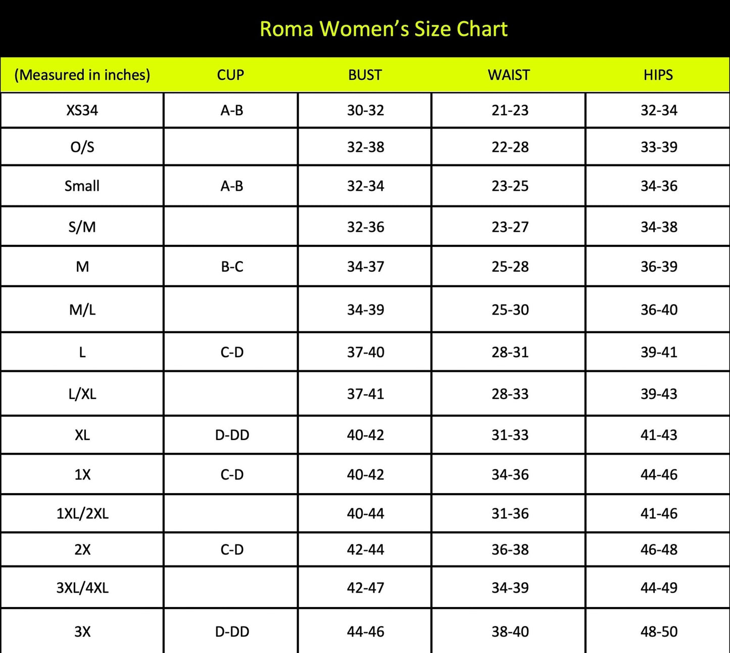 Naughty Kitten clothing Roma Women's Size Chart