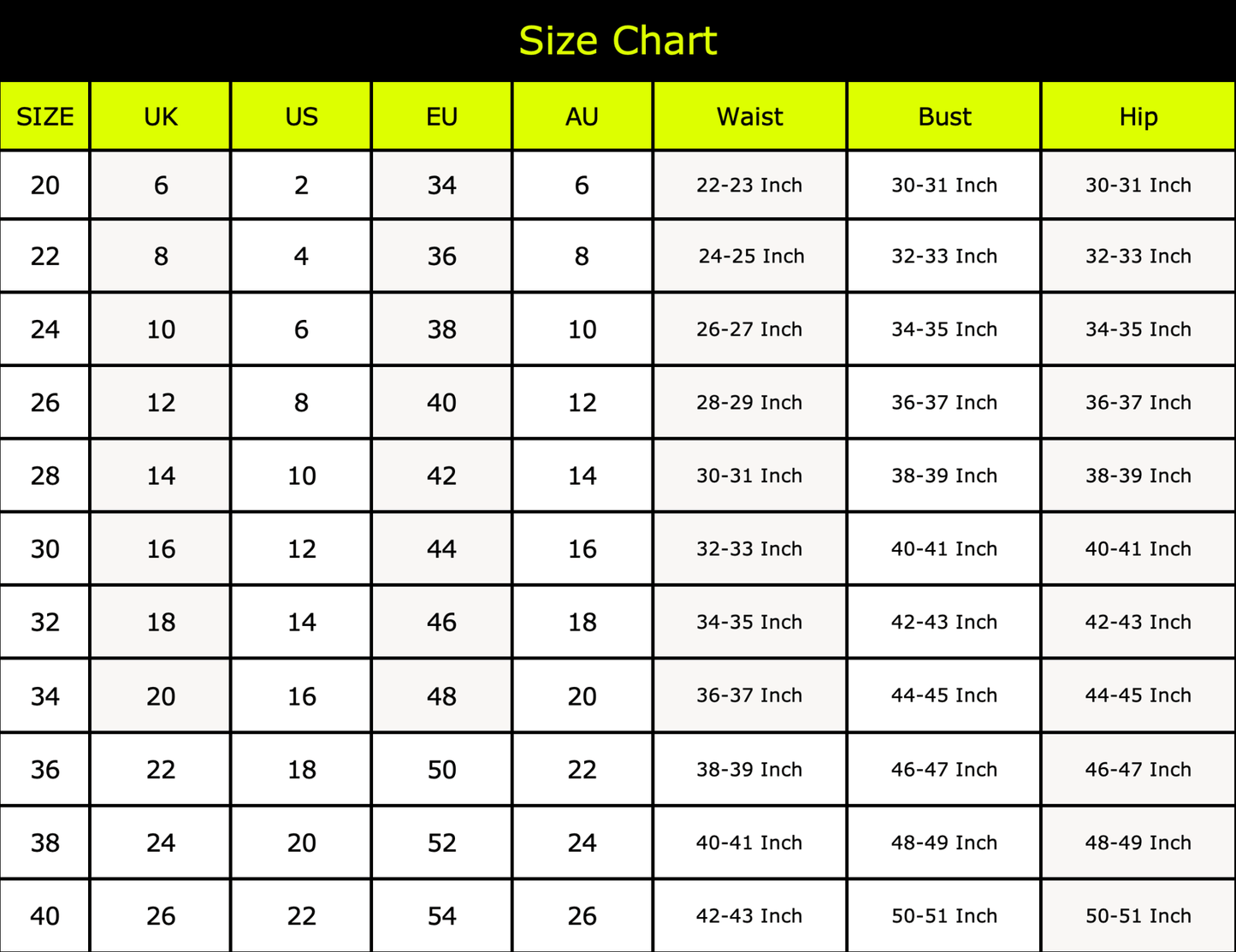 Naughty Kitten Clothing Size Chart