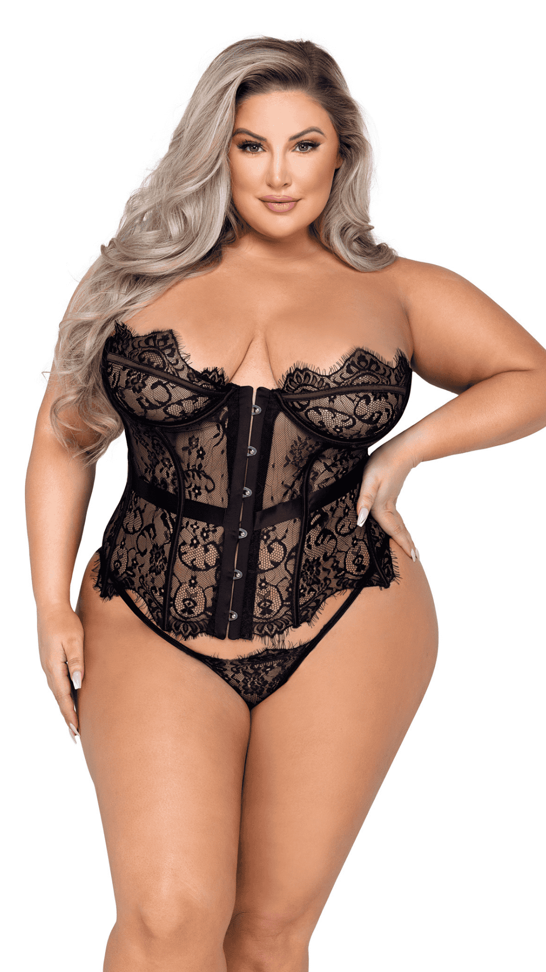 Naughty Kitten Clothing Fantasy 2-Piece Bustier Set Black front View Plus Size Lingerie