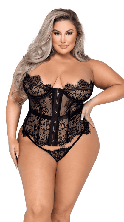 Naughty Kitten Clothing Fantasy 2-Piece Bustier Set Black front View Plus Size Lingerie