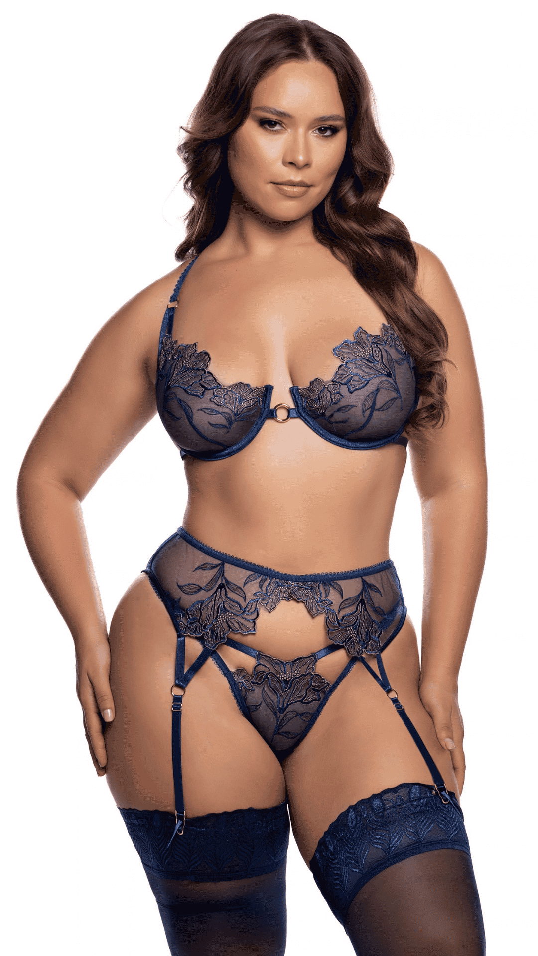 Plus size model in Astral Allure 3-piece garter set, front