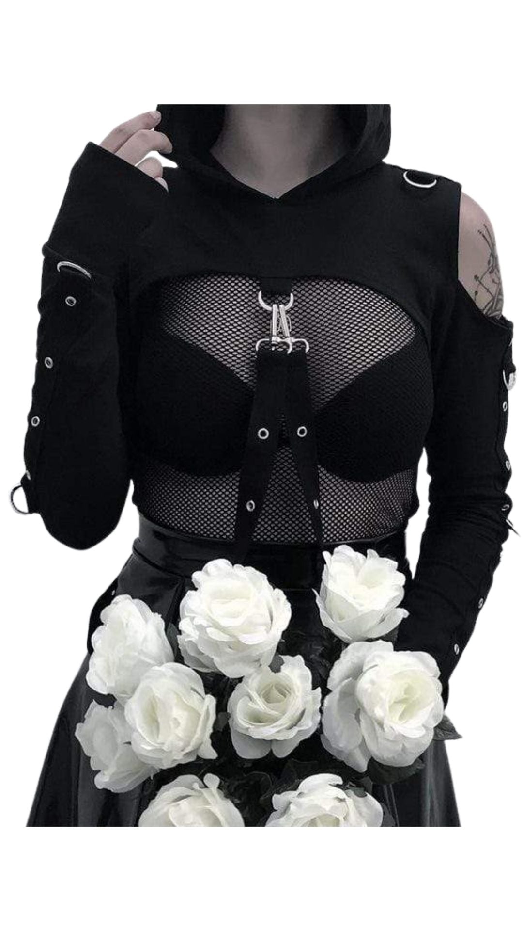 Naughty Kitten Clothing Bare Shoulder Navel Cropped Hoodies With Sashes Front View Gothic Alternative Women's Wear