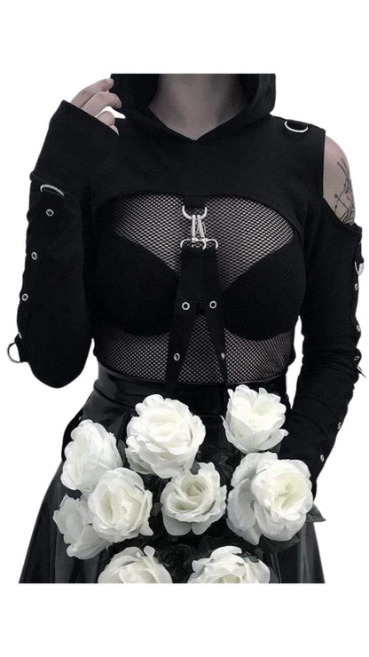 Naughty Kitten Clothing Bare Shoulder Navel Cropped Hoodies With Sashes Front View Gothic Alternative Women's Wear