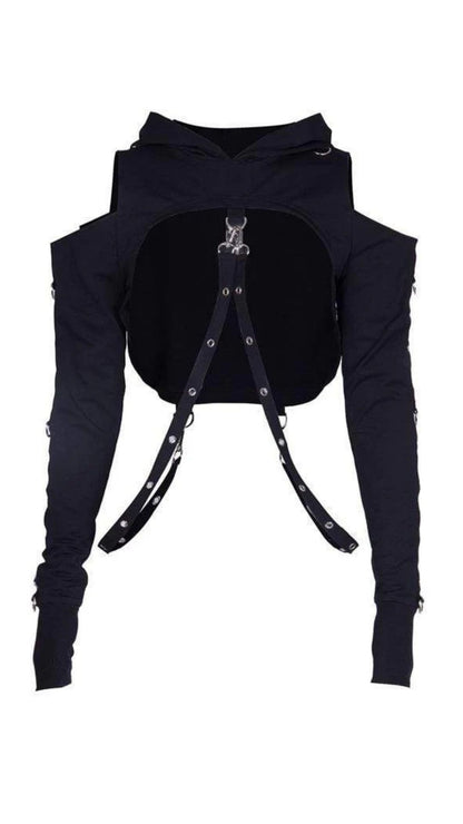 Naughty Kitten Clothing Bare Shoulder Navel Cropped Hoodies With Sashes Front View Gothic Alternative Women's Wear