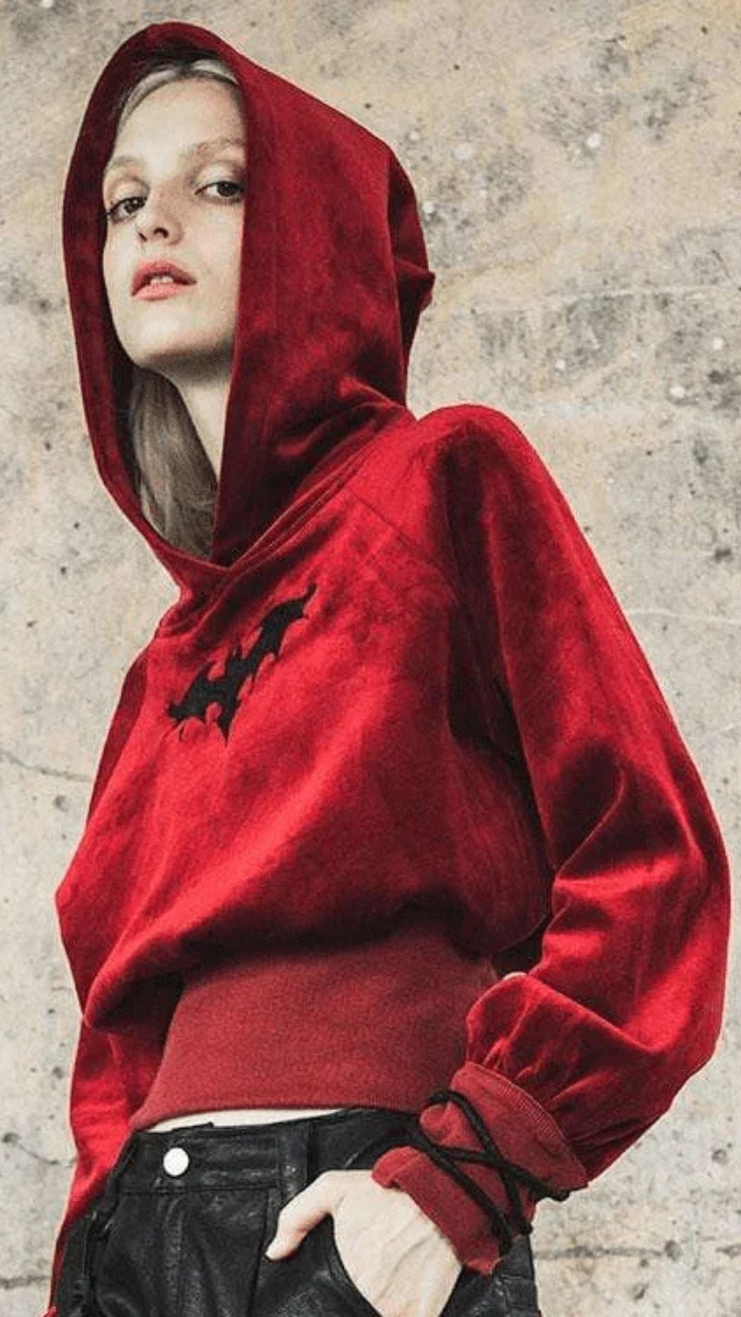 Naughty Kitten Clothing Bat Pattern Velvet Witch Short Hoodies Punk Design Front View Red