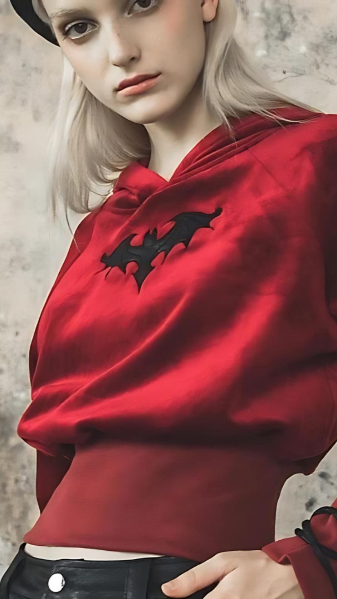 Naughty Kitten Clothing Bat Pattern Velvet Witch Short Hoodies Punk Design Front View Red