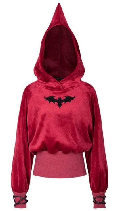 Naughty Kitten Clothing Bat Pattern Velvet Witch Short Hoodies Punk Design Front View Red