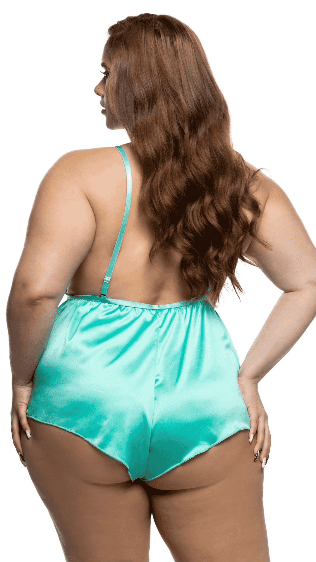 Back (plus size): Plus size back view of floral scallop lace teddy in mint showing Brazilian back