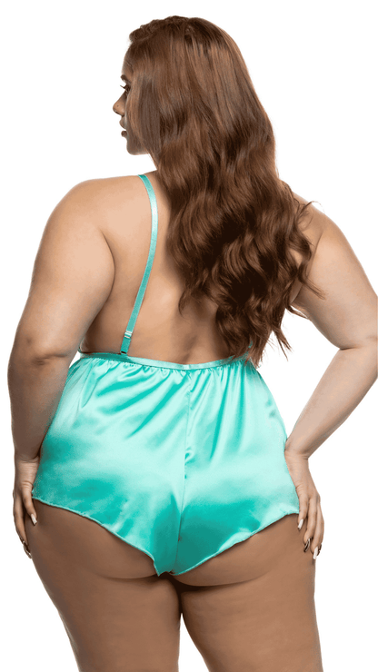 Back (plus size): Plus size back view of floral scallop lace teddy in mint showing Brazilian back