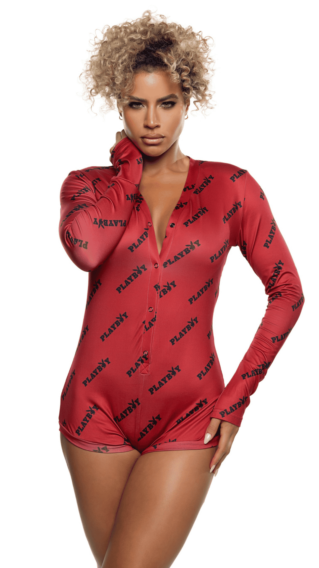 Bedtime Playboy Bunny Romper – officially licensed red fleece romper with all-over Playboy print, front view