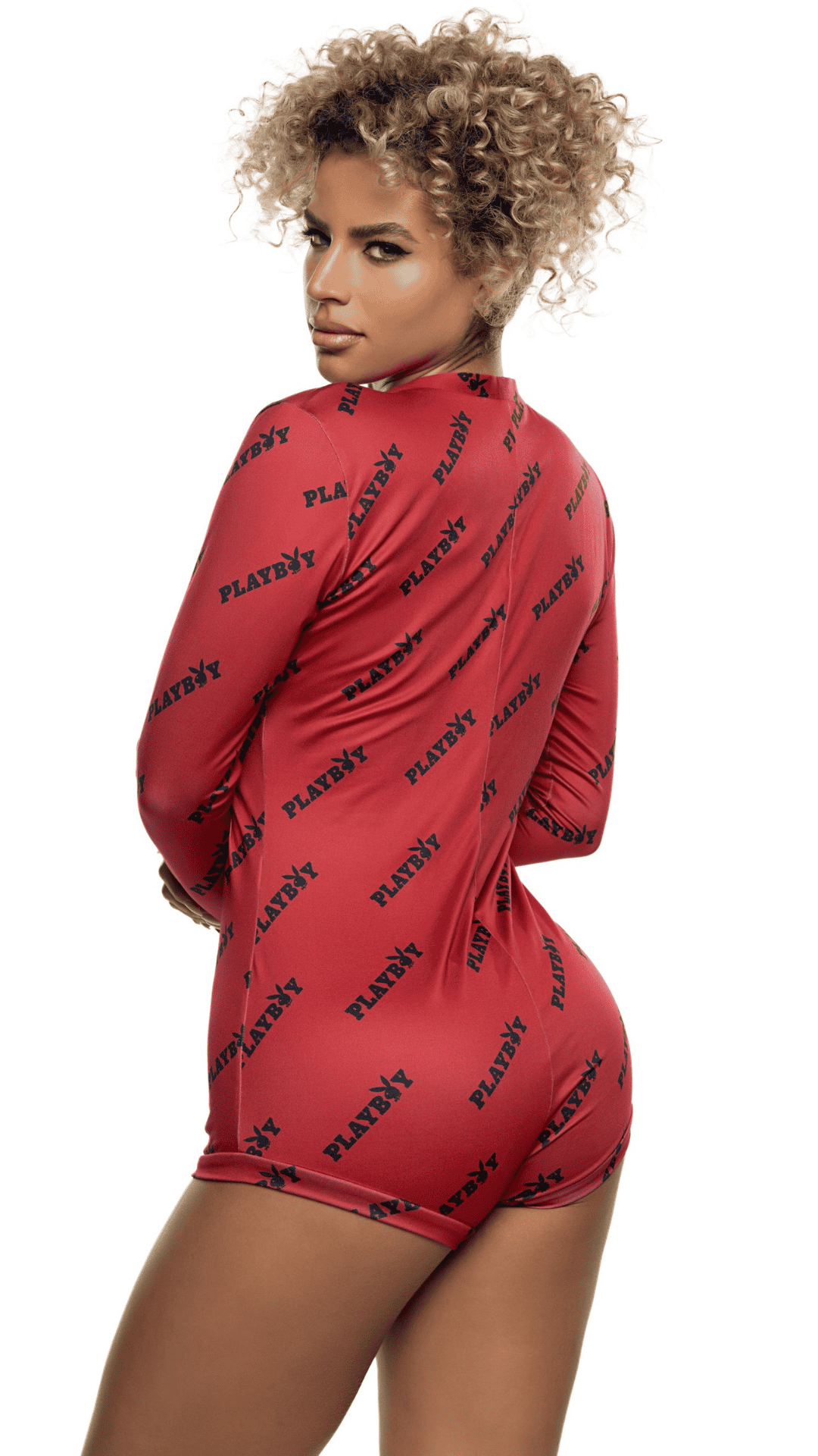 Bedtime Playboy Bunny Romper – cozy long-sleeved Playboy lingerie romper, rear view