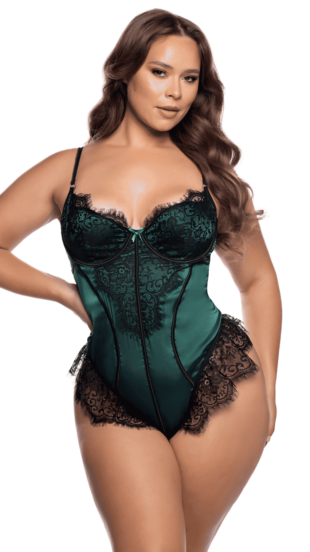 Bella Teddy – underwire lace teddy, green/black plus size front view
