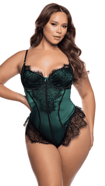 Bella Teddy – underwire lace teddy, green/black plus size front view