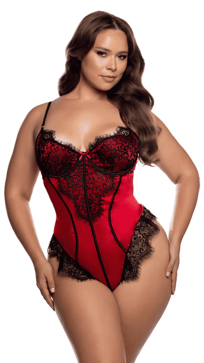 Bella Teddy – underwire eyelash lace teddy, red/black plus size front view
