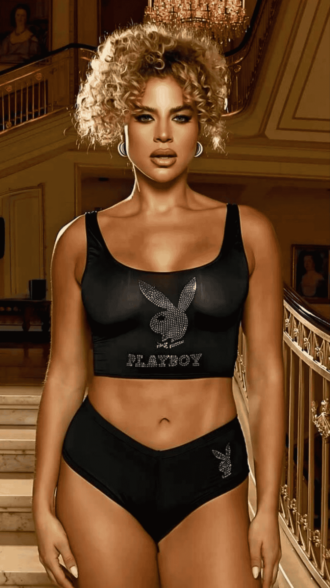 Naughty Kitten Clothing Bling Bunny 2pc Lounge Set Front View Women's Playboy Lingerie