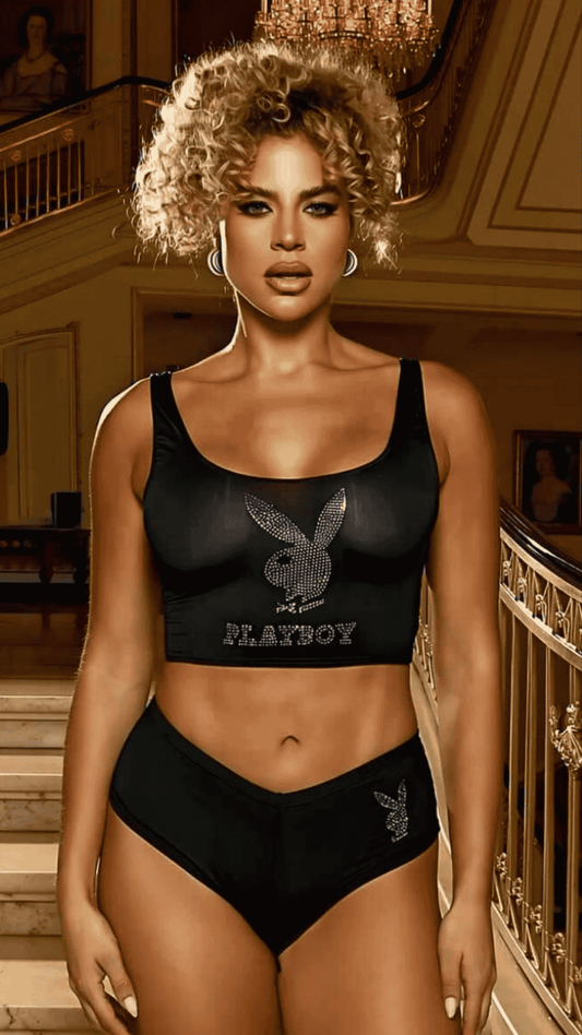 Naughty Kitten Clothing Bling Bunny 2pc Lounge Set Front View Women's Playboy Lingerie