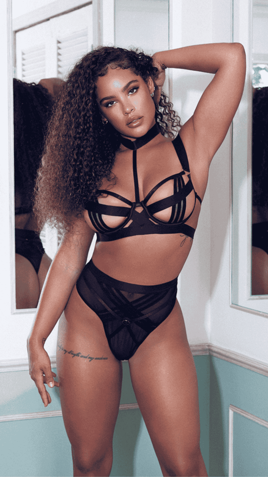 Naughty Kitten Clothing Bondage Stripe 2-Piece Choker Set Black Front View Lingerie