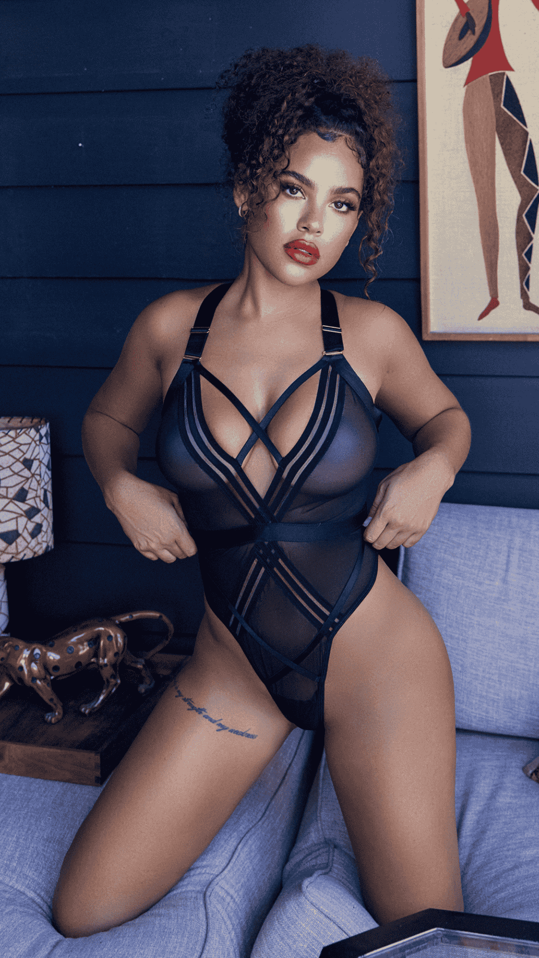 Naughty Kitten Clothing Bondage Stripe Teddy Black Front View Lingerie