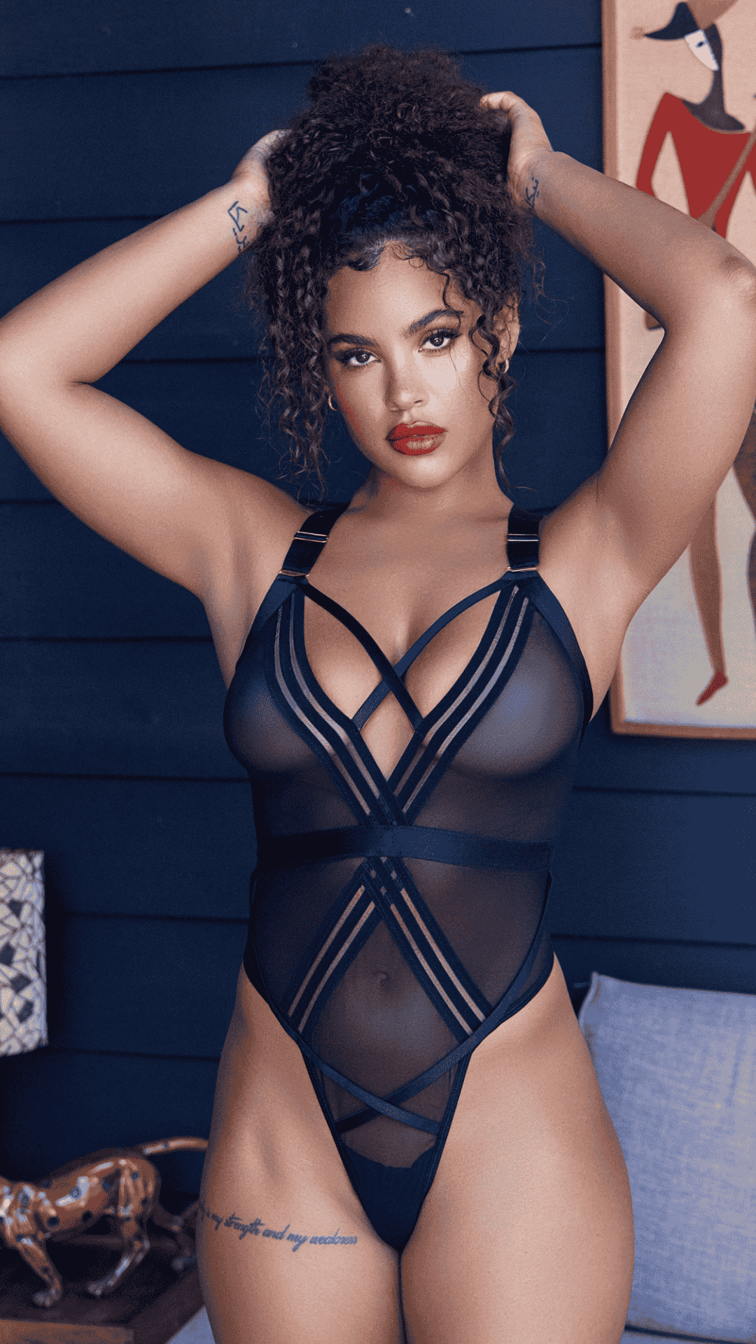 Naughty Kitten Clothing Bondage Stripe Teddy Black Front View Lingerie