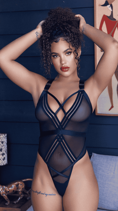 Naughty Kitten Clothing Bondage Stripe Teddy Black Front View Lingerie