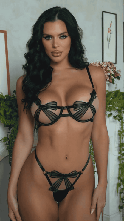 Naughty Kitten Clothing Bowtie Tease Set  Black Front View Women's Lingerie