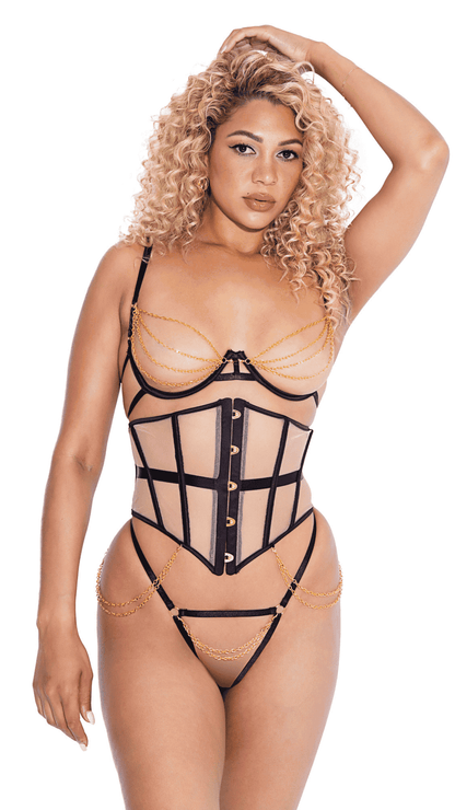 Naughty Kitten Clothing Caged Temptress 3-Piece Waspie Set Front View Lingerie
