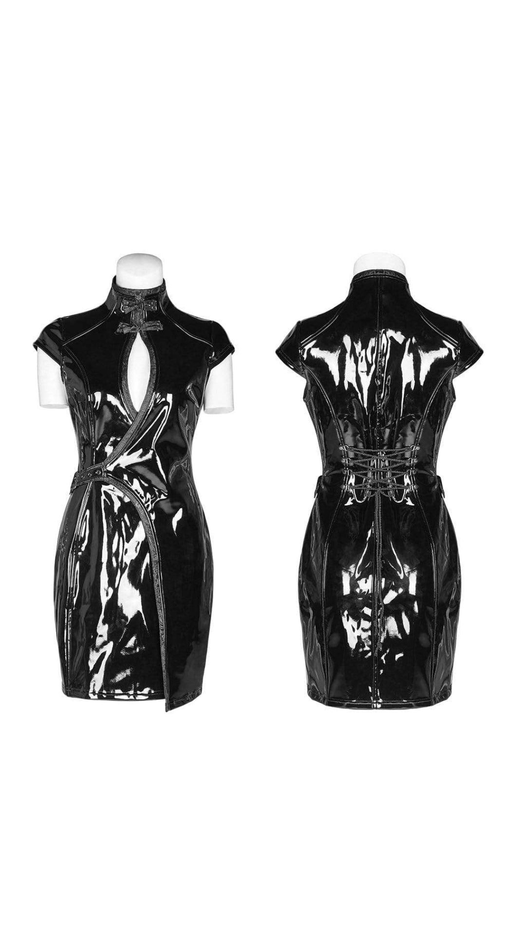 Naughty Kitten Clothing Cheongsam Style Faux Leather Cutout Slim Fitted Dress Front and Back Mannequin View Alternative Gothic Fashion