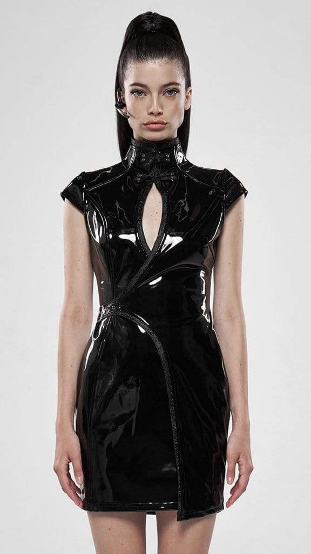 Naughty Kitten Clothing Cheongsam Style Faux Leather Cutout Slim Fitted Dress Front View Alternative Gothic Fashion