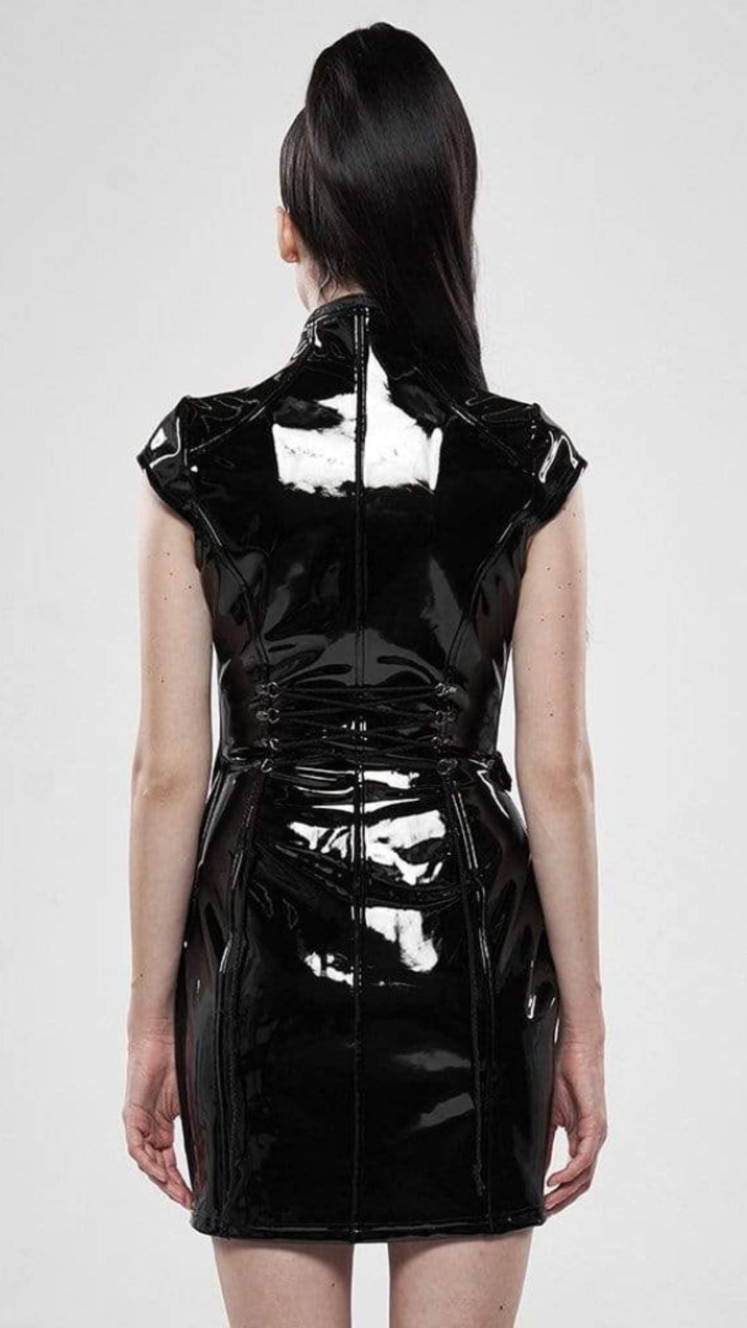 Naughty Kitten Clothing Cheongsam Style Faux Leather Cutout Slim Fitted Dress Rear View Alternative Gothic Fashion