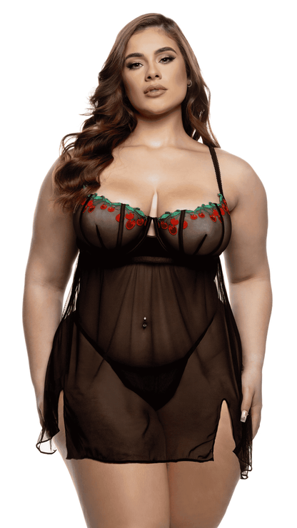 Front (plus size): Plus size embroidered cherry lace balconette babydoll set in black with split front skirt