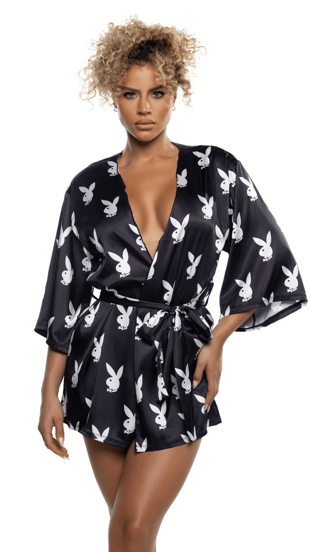 Naughty Kitten Clothing Chill Bunny Robe Front View Black women's Playboy Lingerie