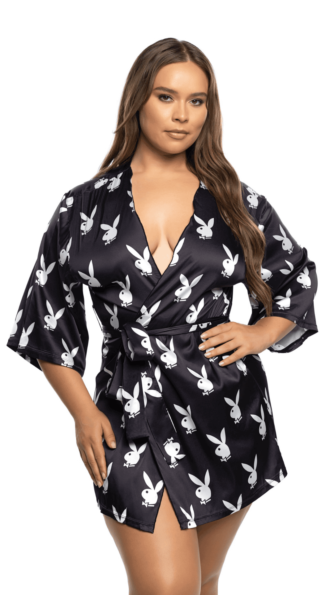 Naughty Kitten Clothing Chill Bunny Robe Front View Black Women's Playboy Lingerie Plus Size