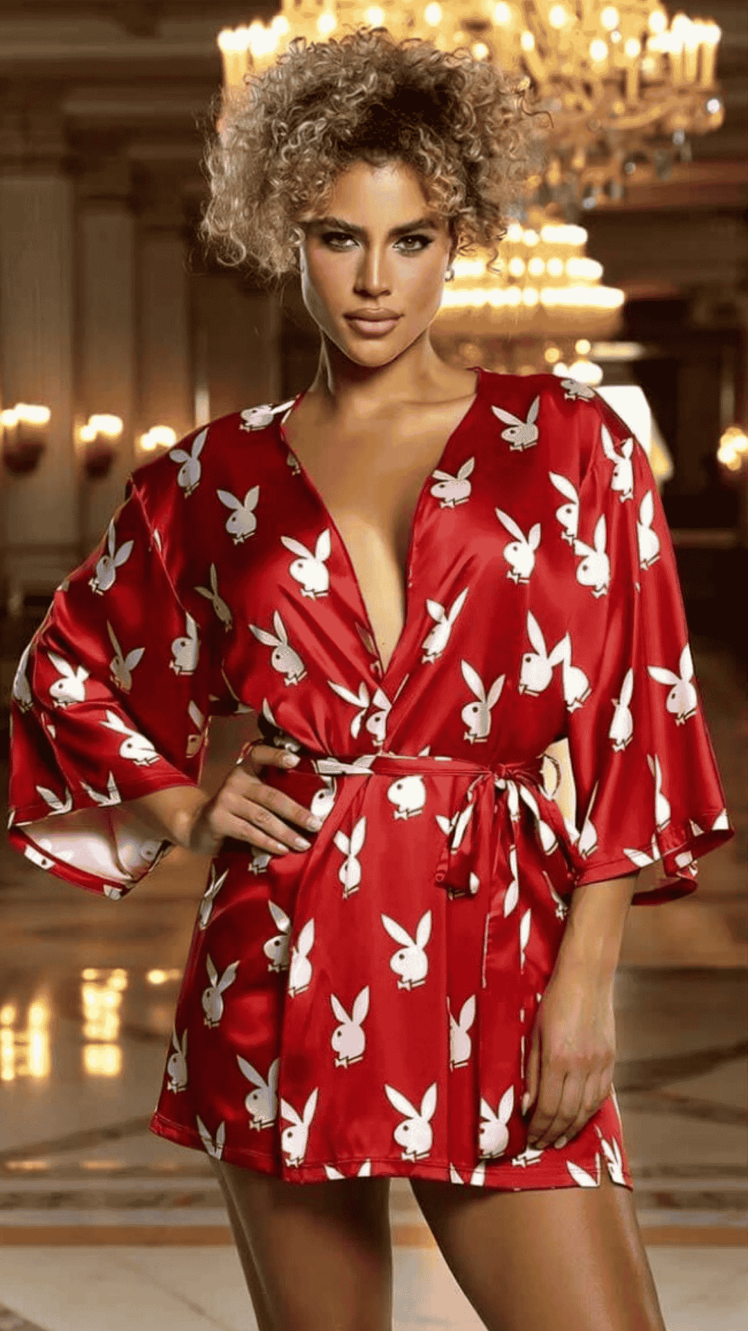 Naughty Kitten Clothing Chill Bunny Robe Front View Red women's Playboy Lingerie