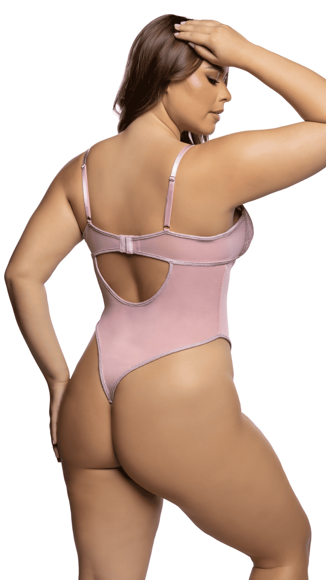 Plus size back: Plus size back view of Cosmic Shimmer Teddy showing thong back
