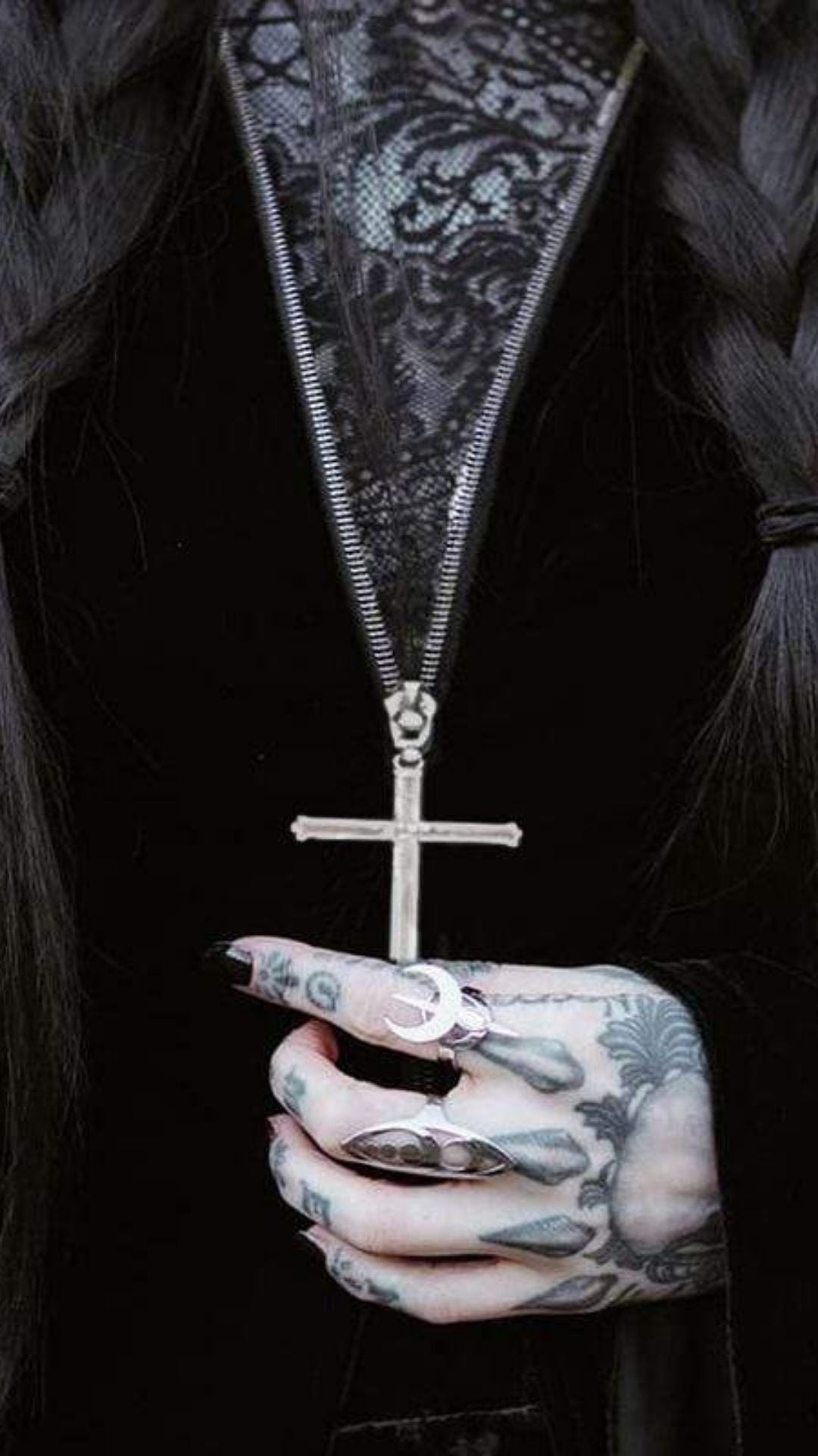 Naughty Kitten Clothing Cross Zipper Fly Hooded Butterfly Sleeved Velvet Dress Close Up View Alternative Gothic Fashion