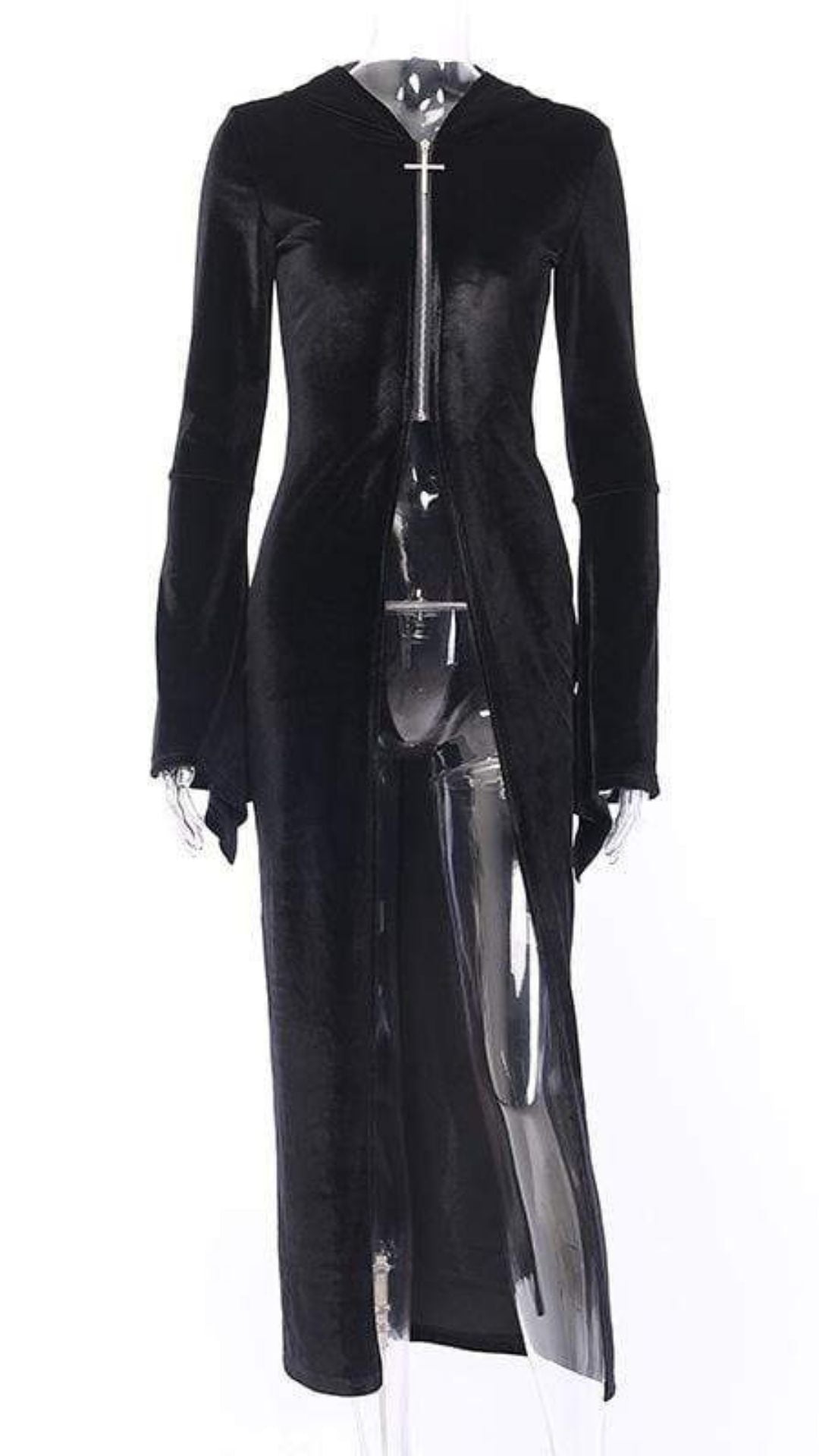 Naughty Kitten Clothing Cross Zipper Fly Hooded Butterfly Sleeved Velvet Dress Front View Alternative Gothic Fashion