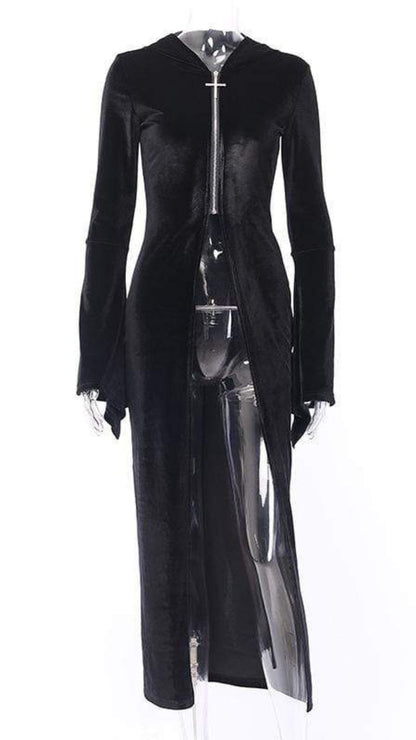 Naughty Kitten Clothing Cross Zipper Fly Hooded Butterfly Sleeved Velvet Dress Front View Alternative Gothic Fashion