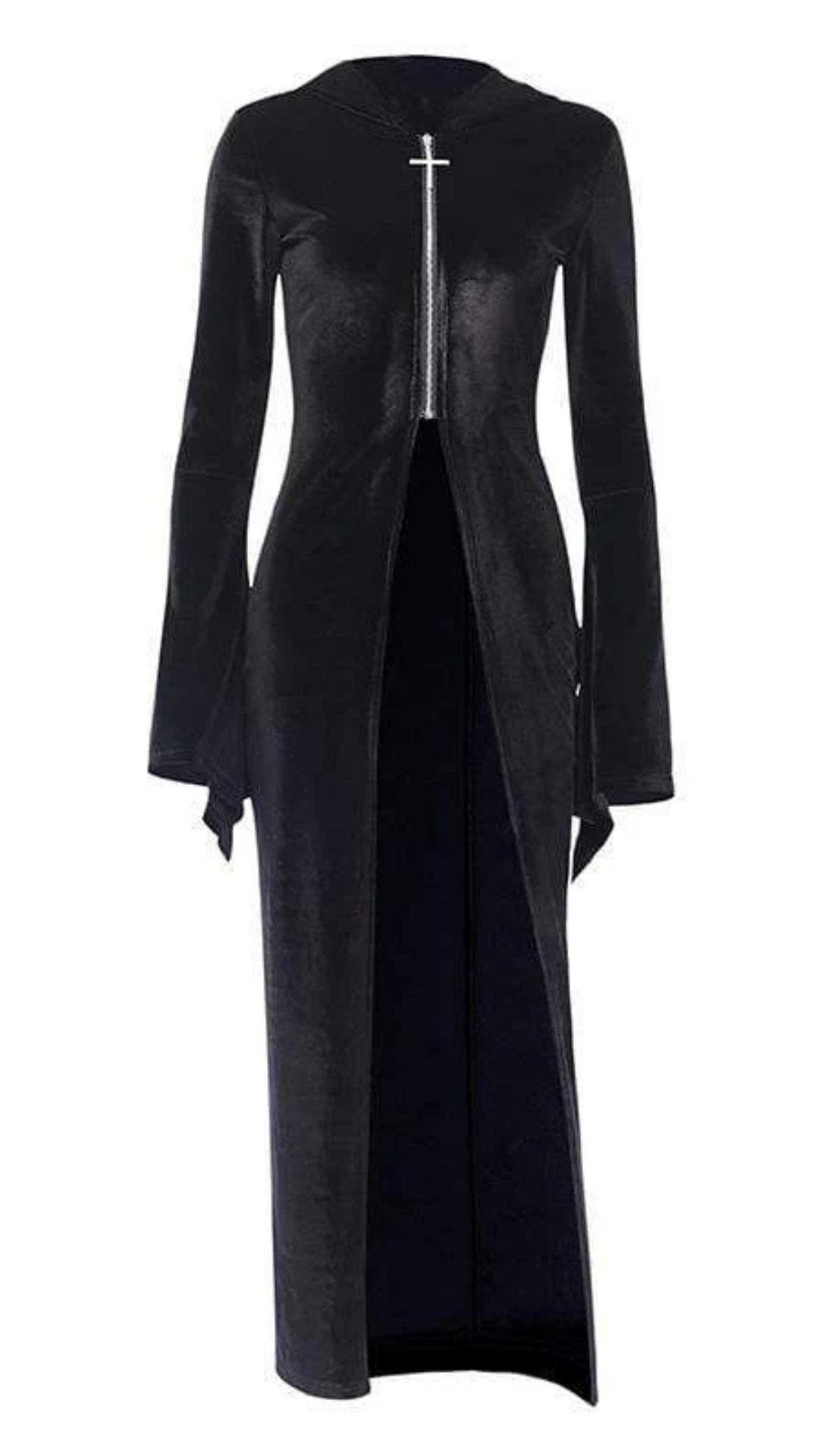 Naughty Kitten Clothing Cross Zipper Fly Hooded Butterfly Sleeved Velvet Dress Front View Alternative Gothic Fashion