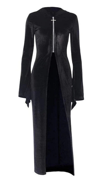Naughty Kitten Clothing Cross Zipper Fly Hooded Butterfly Sleeved Velvet Dress Front View Alternative Gothic Fashion