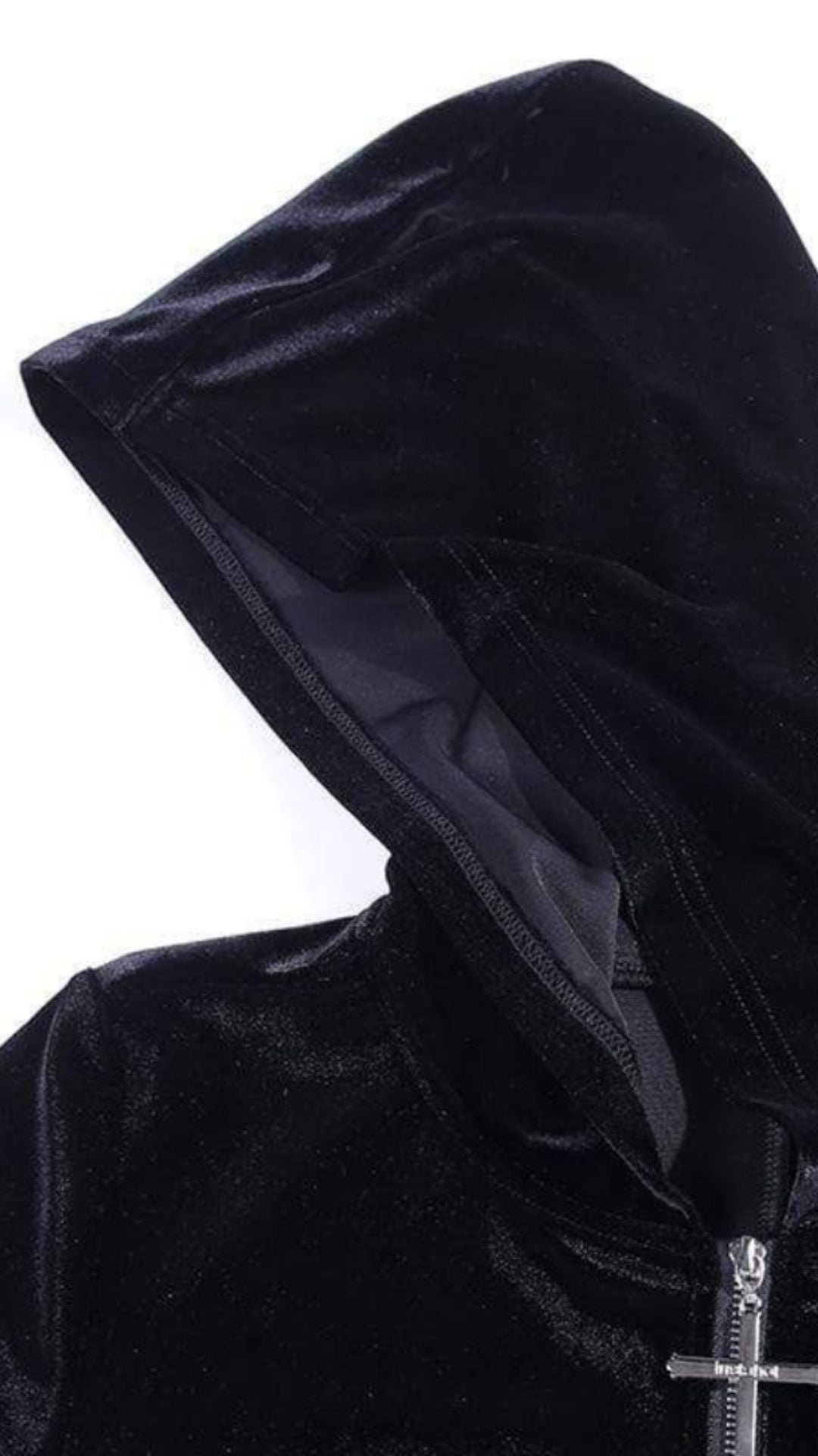 Naughty Kitten Clothing Cross Zipper Fly Hooded Butterfly Sleeved Velvet Dress Hood Close Up View Alternative Gothic Fashion