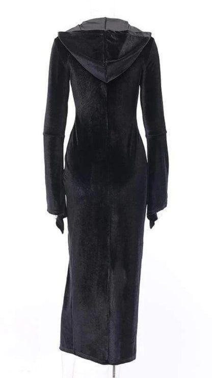 Naughty Kitten Clothing Cross Zipper Fly Hooded Butterfly Sleeved Velvet Dress Rear View Alternative Gothic Fashion