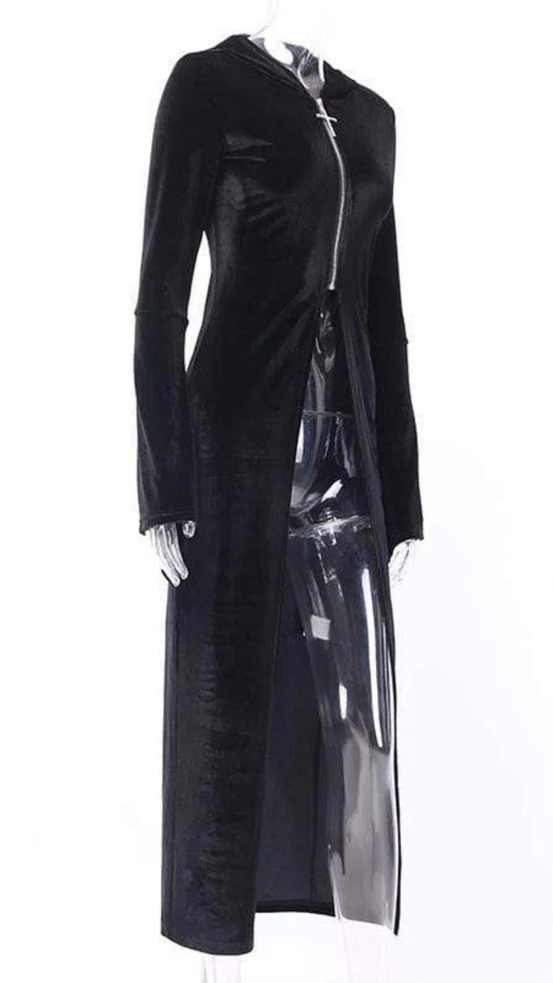 Naughty Kitten Clothing Cross Zipper Fly Hooded Butterfly Sleeved Velvet Dress Side View Alternative Gothic Fashion